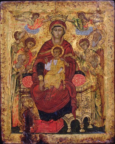 Madonna mit Kind auf dem Thron mit Heiligen, Ikone der griechischen Inseln, frühes 18. Jahrhundert von Unknown